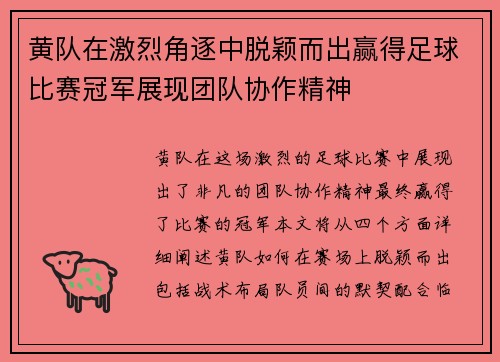 黄队在激烈角逐中脱颖而出赢得足球比赛冠军展现团队协作精神
