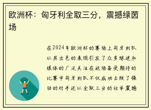 欧洲杯：匈牙利全取三分，震撼绿茵场