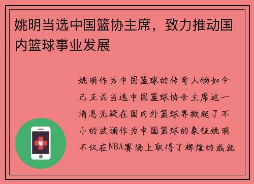 姚明当选中国篮协主席，致力推动国内篮球事业发展