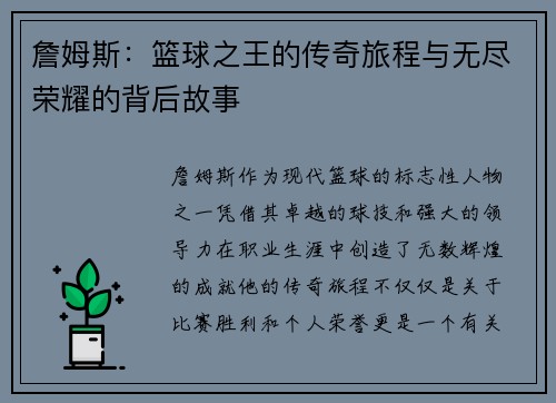 詹姆斯：篮球之王的传奇旅程与无尽荣耀的背后故事