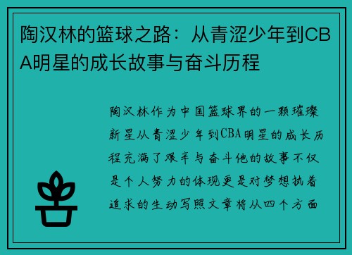 陶汉林的篮球之路：从青涩少年到CBA明星的成长故事与奋斗历程