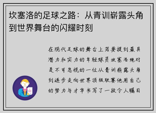 坎塞洛的足球之路：从青训崭露头角到世界舞台的闪耀时刻