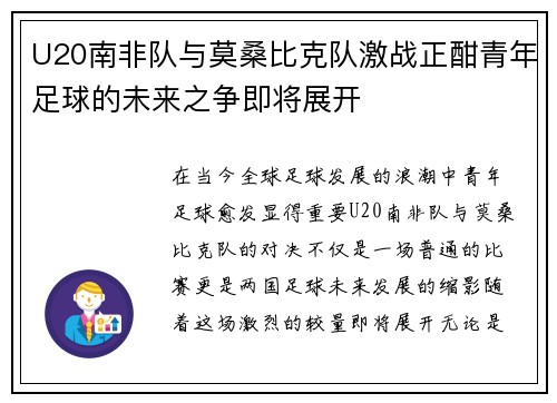 U20南非队与莫桑比克队激战正酣青年足球的未来之争即将展开