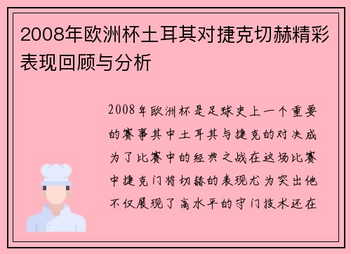 2008年欧洲杯土耳其对捷克切赫精彩表现回顾与分析