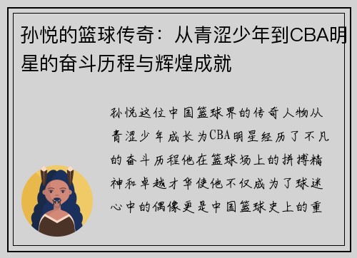 孙悦的篮球传奇：从青涩少年到CBA明星的奋斗历程与辉煌成就