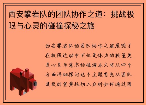 西安攀岩队的团队协作之道：挑战极限与心灵的碰撞探秘之旅