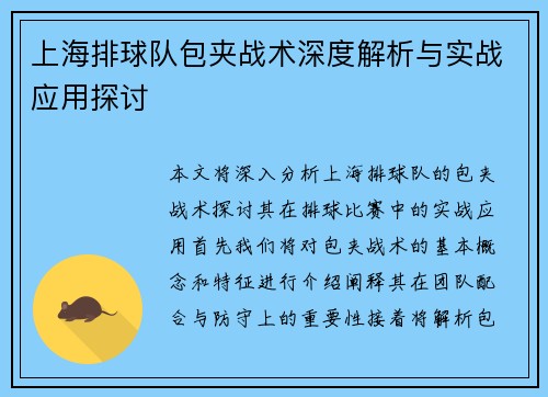 上海排球队包夹战术深度解析与实战应用探讨